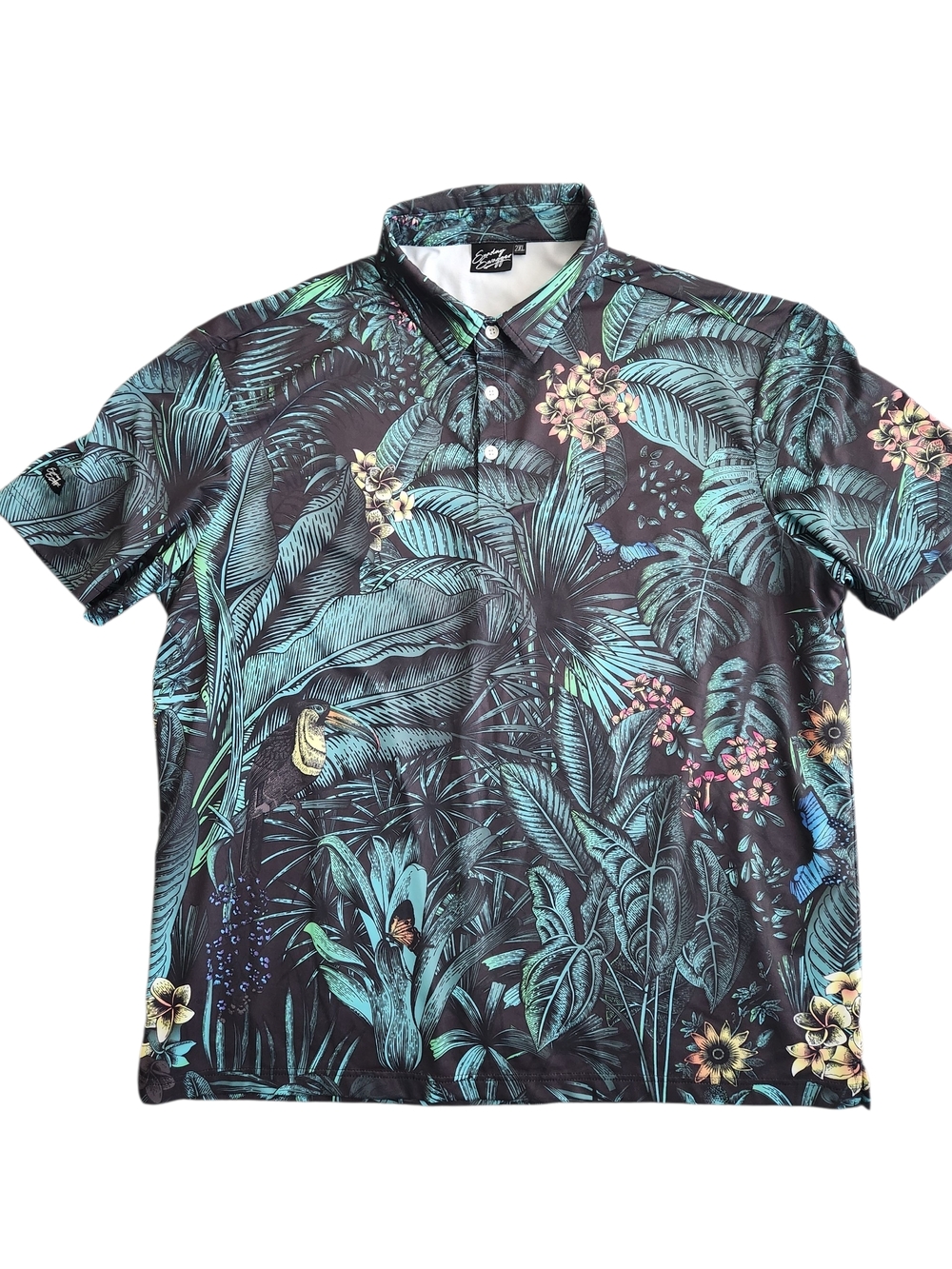Sunday Swagger Golf Polo Shirt Men's 2XL Black Green Tropical Toucan Floral Club